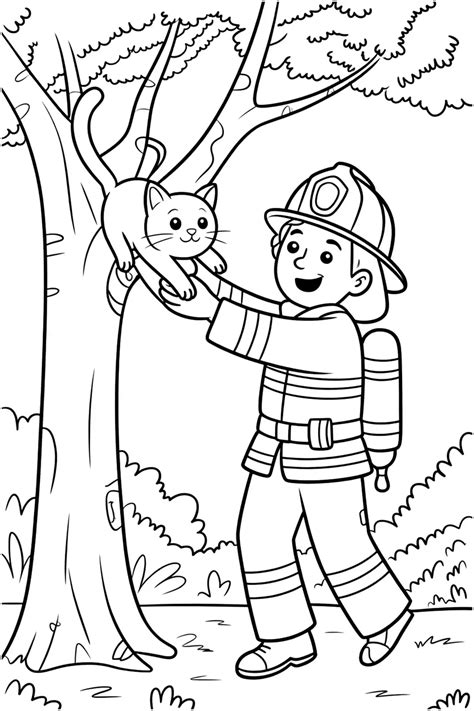 Ilustracja strażaka zdejmującego małego kotka z drzewa, symbolizująca pomoc zwierzętom.