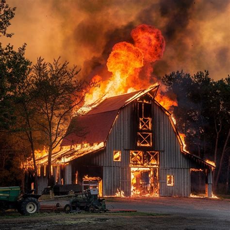 Thematic photo of a burning hay barn with a fire engine in the foreground