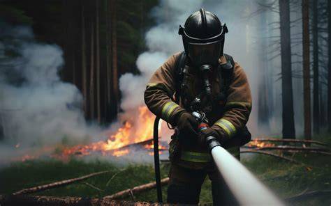 Thematic photo of firefighters extinguishing a forest fire in a rural area, with smoke visible