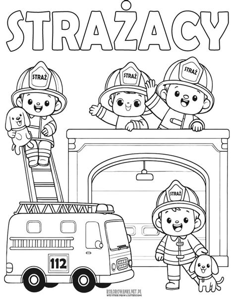 Zestaw ilustracji przedstawiających strażaka w akcji, wóz strażacki, dzieci uczące się o strażakach