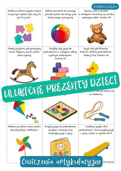 Infografika przedstawiająca proste ćwiczenia artykulacyjne dla dzieci (np. ruchy języka, dmuchanie)