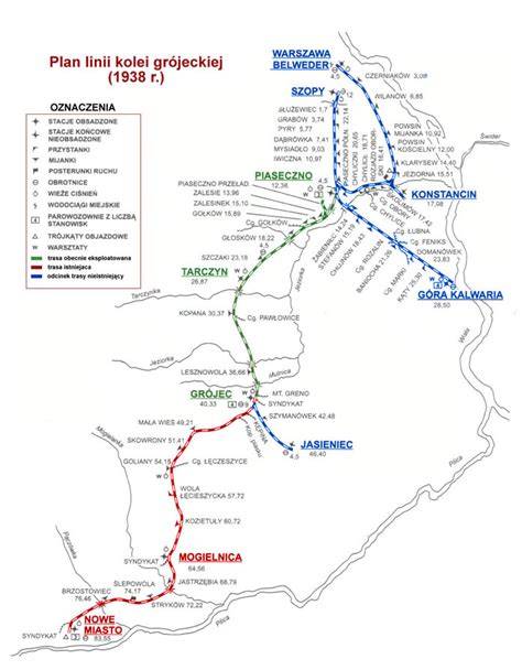 Schemat trasy kolejki wąskotorowej Piaseczno-Tarczyn z zaznaczonymi przystankami