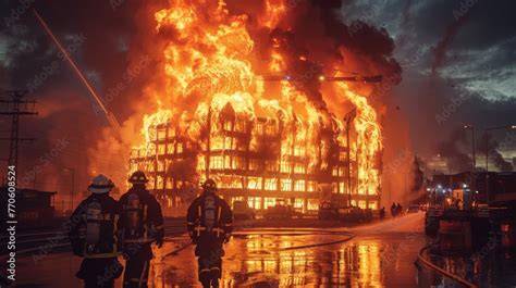 Thematic photo of a residential building fire and firefighters