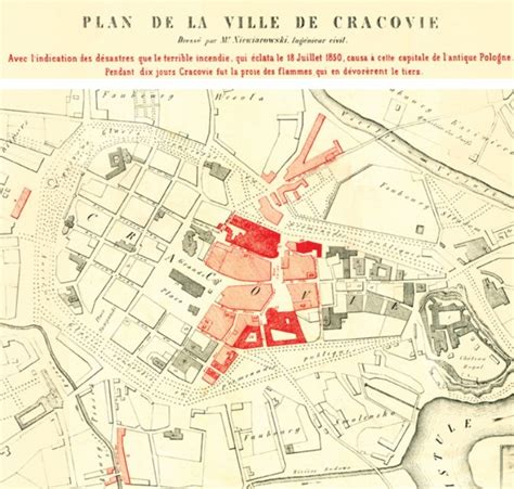 Mapa Krakowa z zaznaczonym obszarem zniszczeń po pożarze w 1850 roku
