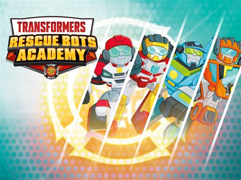 Ilustracja przedstawiająca postacie Transformers Rescue Bots oraz rodzinę Burnsów na wyspie Griffin Rock