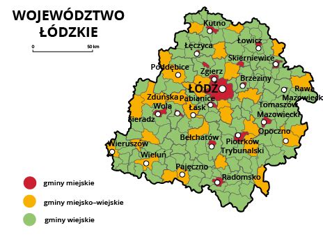 Mapa województwa łódzkiego z zaznaczonymi lokalizacjami OSP