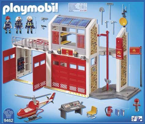 Schematic or detailed photo of Playmobil 9462 fire station with included accessories