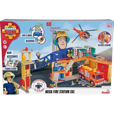 Infographic showing different features of the Simba Toys Fireman Sam Mega Fire Station XXL