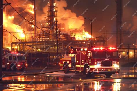 Thematic photo of a large industrial fire at night with emergency services