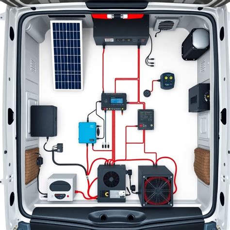 Infografika przedstawiająca schemat instalacji elektrycznej w kamperze z zaznaczonymi punktami ryzyka pożaru