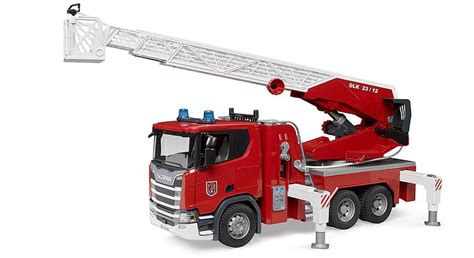 The Bruder 03590 Scania R fire truck toy, showcasing its large size and realistic details, possibly with a child playing