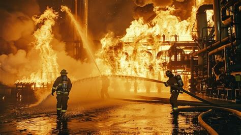 Thematic photo of firefighters battling a large industrial fire at night, with smoke and flames