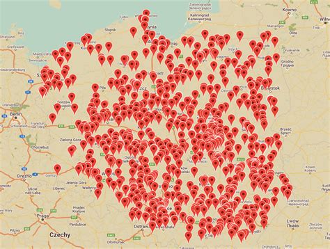 Mapa wskazująca lokalizacje punktów zbiórki zużytych baterii.