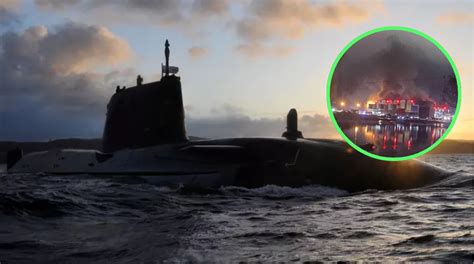 Wizualizacja pożaru w stoczni okrętów podwodnych BAE Systems, dym unoszący się nad budynkami