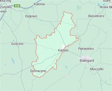 Mapa zasięgu działania OSP Karlino w powiecie białogardzkim