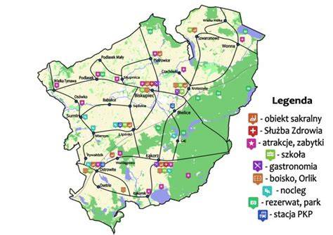 Mapa Gminy Biskupiec z zaznaczonymi obszarami chronionymi i walorami przyrodniczymi