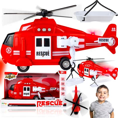 Grafika przedstawiająca helikopter strażacki z ruchomymi śmigłami i opuszczaną linką z hakiem.