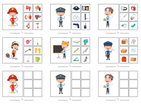 Ilustracje kart pracy z atrybutami zawodów lekarza i policjanta