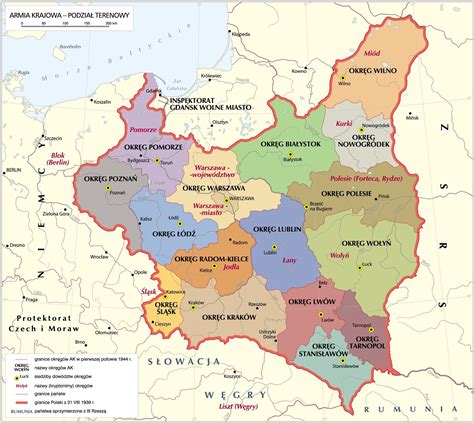 Mapa zasięgu działań Batalionów Chłopskich z podziałem na okręgi terytorialne