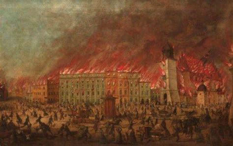 Ilustracja przedstawiająca panoramę płonącego Krakowa w 1850 roku