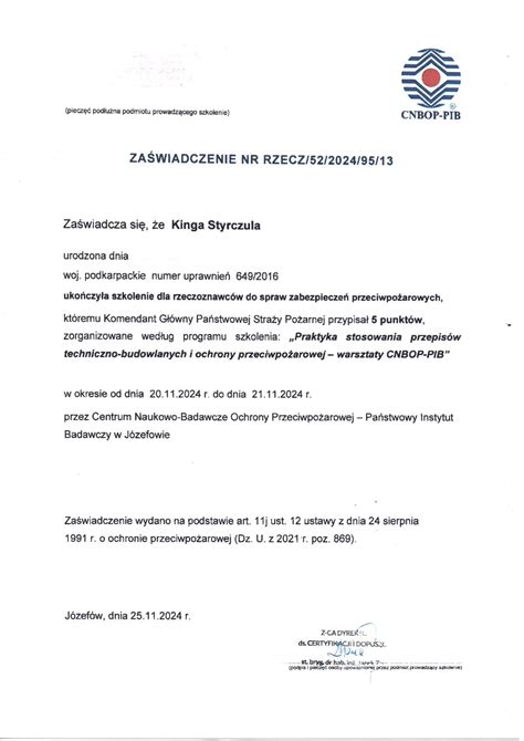 Certyfikat rzeczoznawcy PPOŻ