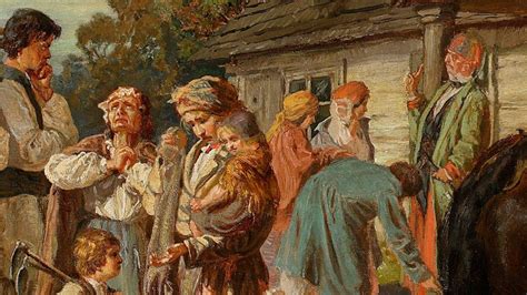 Drewniany budynek sądu wiejskiego w dawnej Polsce, z ławnikami i wójtem, otoczone grupą chłopów