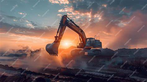 Thematic photo of various construction machinery on a construction site at sunset