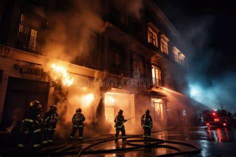 Thematic photo of firefighters extinguishing a large building fire