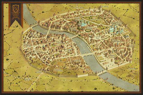 Historical map of a medieval Polish city showing dense wooden buildings