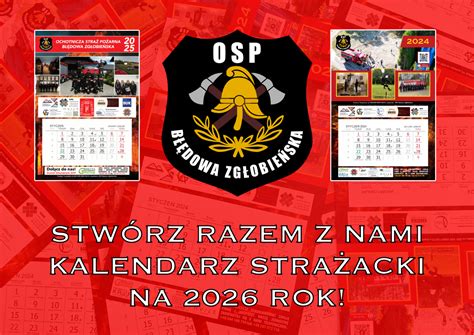 Przykładowy projekt spersonalizowanego kalendarza strażackiego z logo OSP i zdjęciami akcji