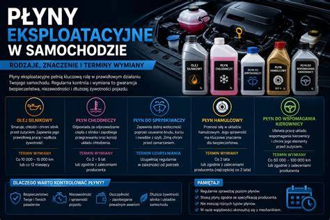 Infografika przedstawiająca harmonogram wymiany płynów eksploatacyjnych w pojeździe ciężarowym