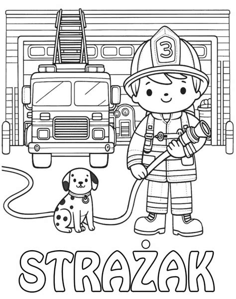 Kolorowanka przedstawiająca strażaka z wozem strażackim w akcji