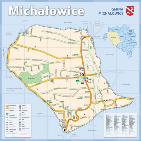 Mapa Gminy Michałowice z zaznaczonymi kluczowymi punktami