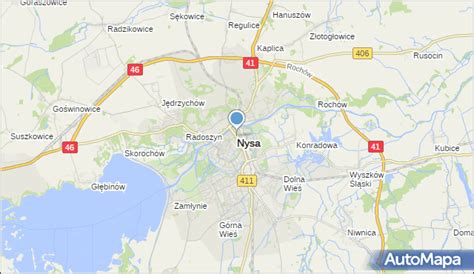 Mapa Nysy z zaznaczonym obszarem wiaduktu i zalanych ulic