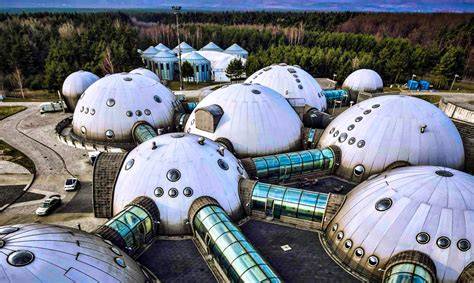 Zdjęcie satelitarne lub z lotu ptaka przedstawiające charakterystyczne białe kopuły studia filmowego Alvernia Planet.