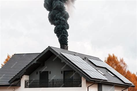 Thematic photo of a chimney with smoke or fire, or firefighters near a house with a smoking chimney