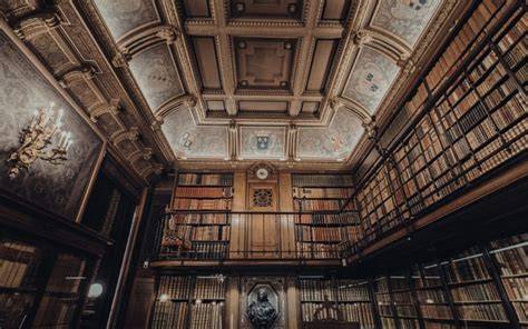 Thematyczne zdjęcie zabytkowej biblioteki z widocznymi zbiorami