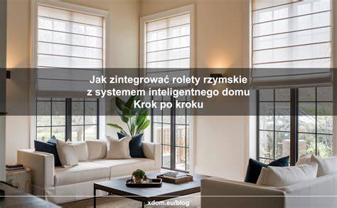 Wizualizacja inteligentnego domu z różnymi elementami automatyki (oświetlenie, ogrzewanie, rolety)