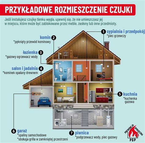 Infografika przedstawiająca zagrożenia tlenkiem węgla i dymem oraz schemat działania czujek