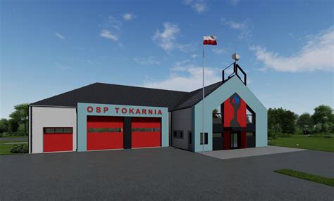 schematyczny plan budowanej remizy OSP z garażem, magazynkiem i pomieszczeniami socjalnymi