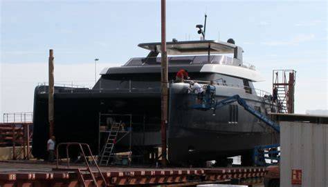 Photo of the burned-out hull of the Still Alive catamaran in Denia port