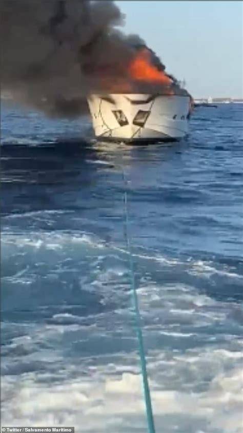 Drone footage still of the luxury yacht Aria SF burning off the coast of Formentera