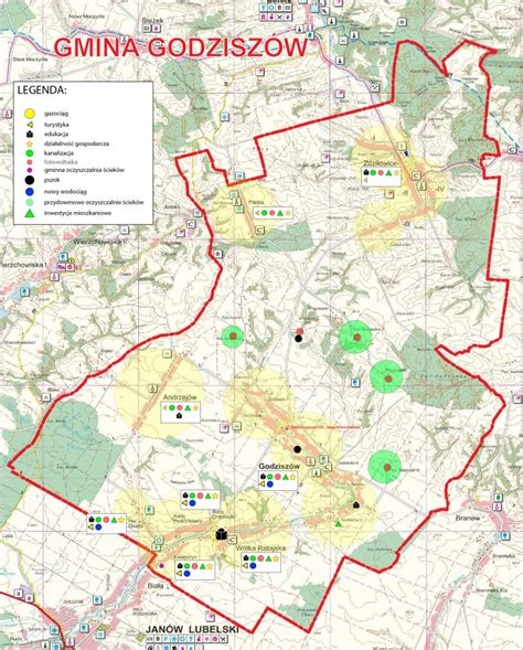 Mapa gminy Kościelec z zaznaczonymi lokalizacjami jednostek OSP