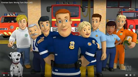An illustration of Fireman Sam and his team (Elvis, Penny, Captain Steele) with their fire truck Jupiter in Pontypandy.