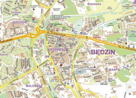 Mapa Będzina z zaznaczoną dzielnicą Grodziec i miejscem pożaru