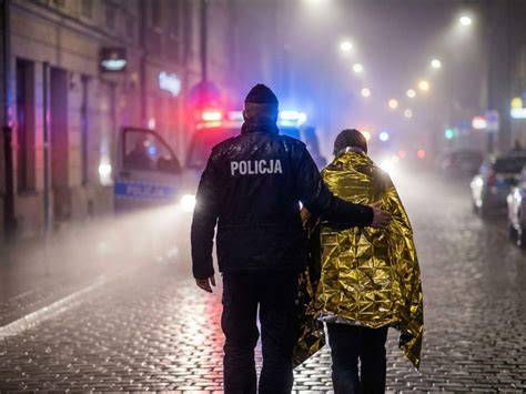 Policjanci prowadzący akcję ratunkową i ewakuacyjną z płonącego budynku