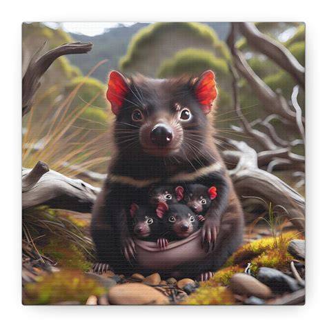 Photo of a Tasmanian devil with its young