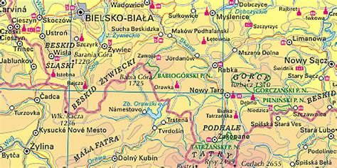 Mapa turystyczna regionu Beskidu Żywieckiego z zaznaczonymi punktami noclegowymi w Zwardoniu