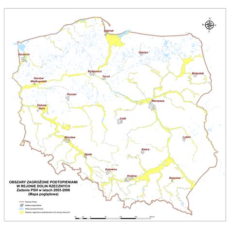 Mapa obszarów zagrożonych powodzią w Polsce lub schemat etapów ostrzegawczych.