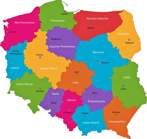 Mapa Polski z zaznaczonymi regionami, w których dokonano przekazań pojazdów